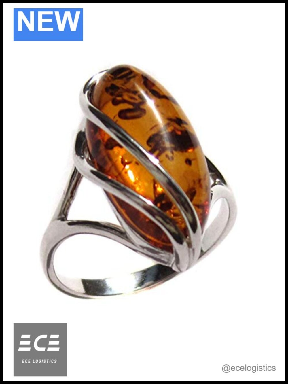 Sterling Silver Oval Amber Cabochon Bezel Ring Size 11 Art Deco
